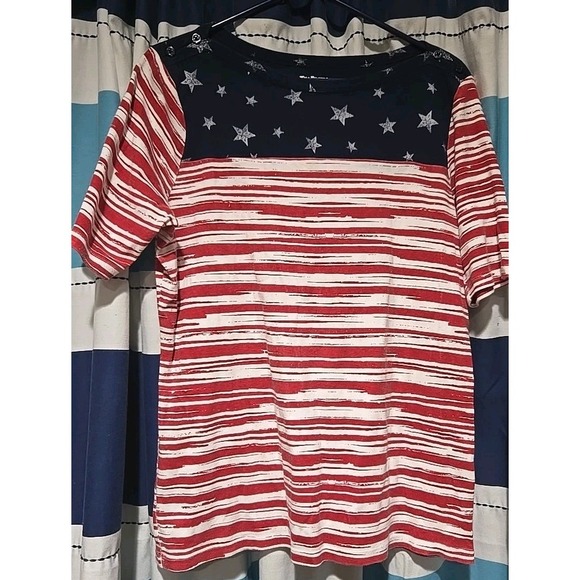 Women's Kim Rogers Perfectly Soft Stars and Stripes‎ Short Sleeve Shirt Top XL - Picture 1 of 3